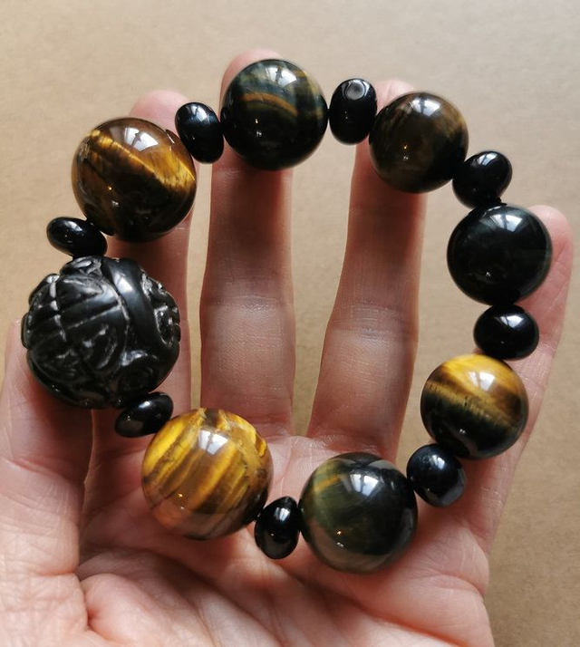 Bracelet en Obsidienne, Oeil de faucon et Oeil de tigre XXL - 10/24 mm