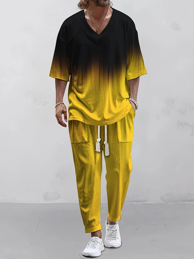 Men V-neck short-sleeved 3D printed T-shirt and nine-inch pants summer casual suit