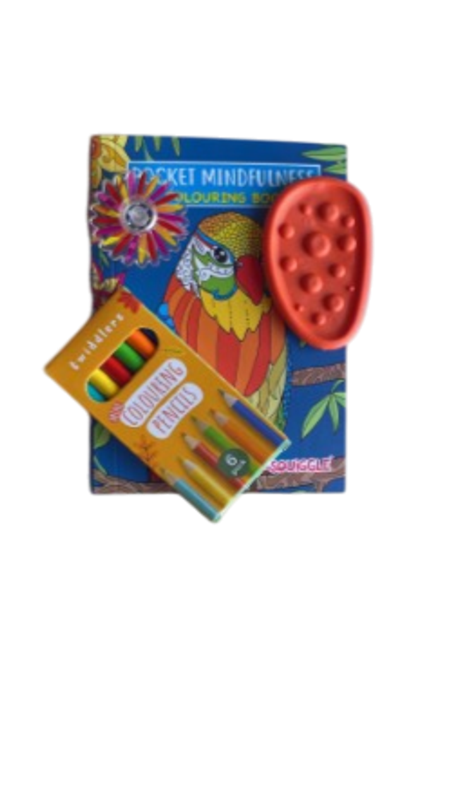 Kids Tropical Mindfulness Set – Colouring Book, Pencils, Spinner &amp; Sensory Pop Toy  
