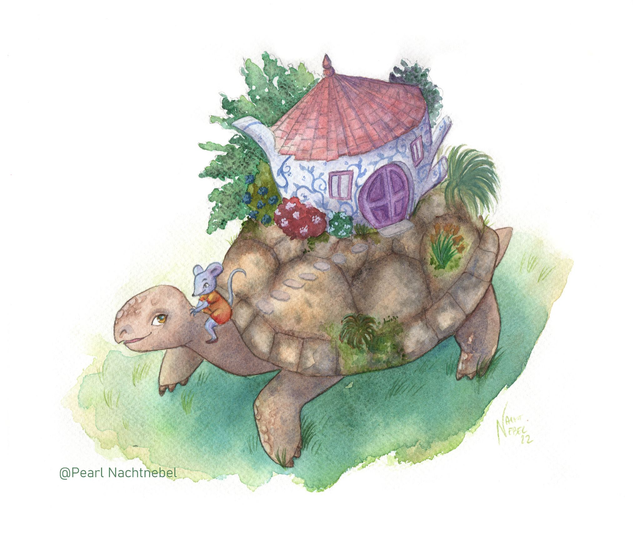 Illustration originale aquarelle - La souris et la tortue