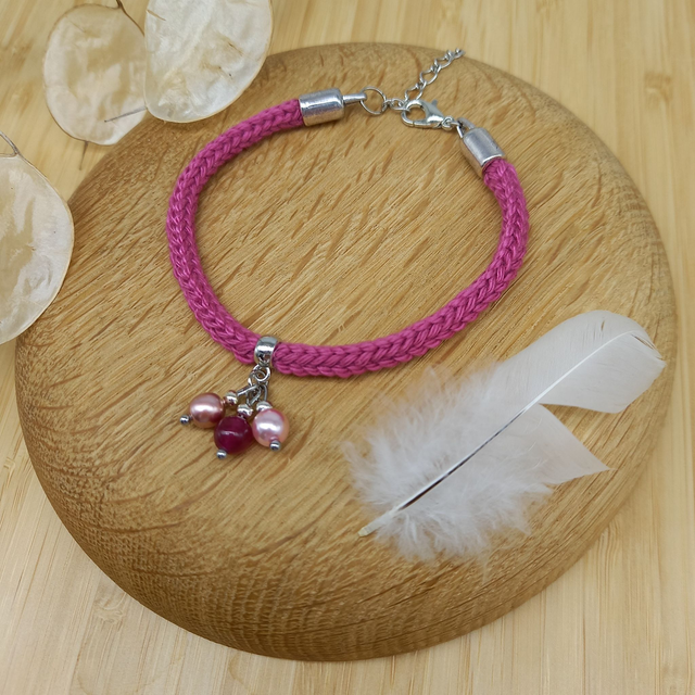 Parure rose et argentée - Bracelet tricoté rose fuchsia et argenté