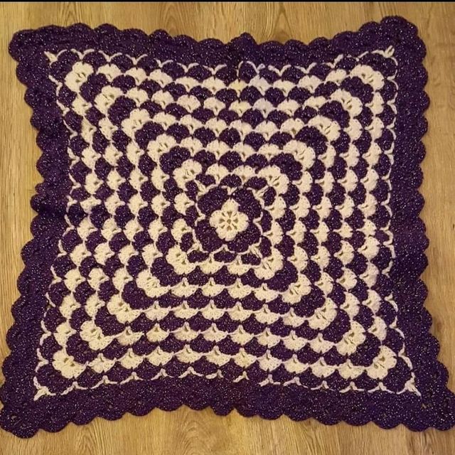 Crochet baby blanket purple cream aran handmade