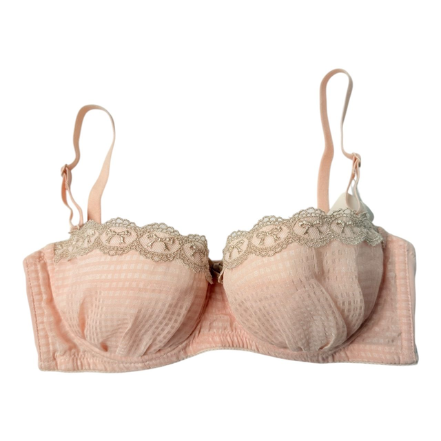 Pink gingham + tan bow Japanese Bra UK 32B  