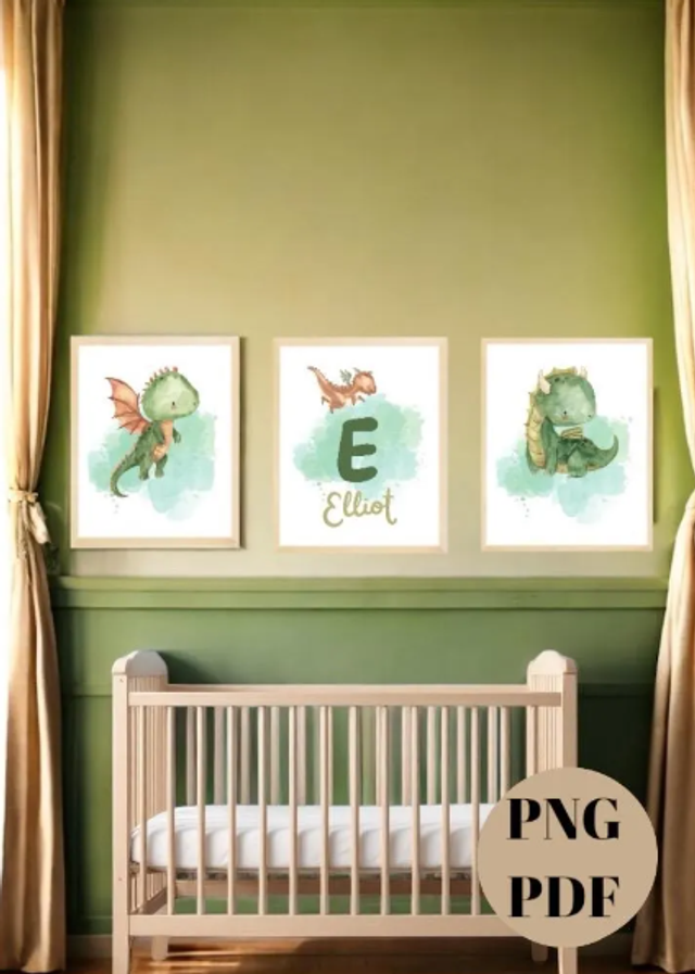 Lot de 3 affiches dragon pour chambre bébé fichiers numériques Png Pdf
