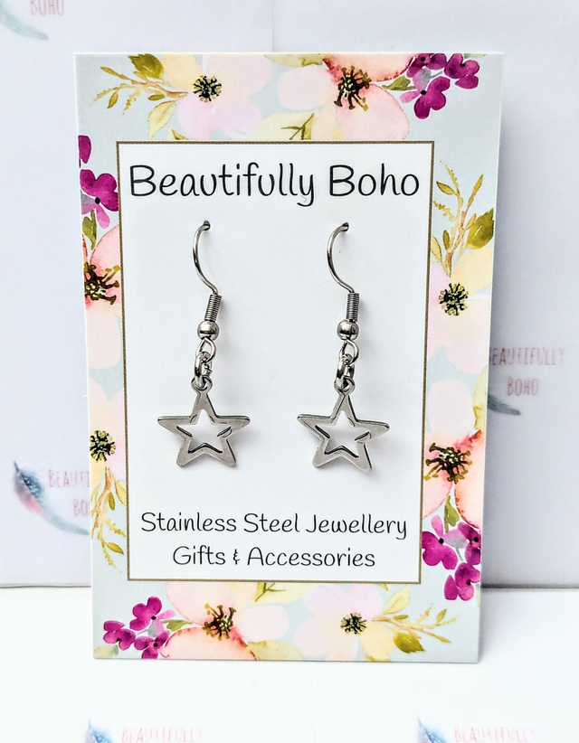 Stainless Steel Star Drop Earrings 