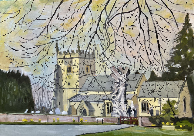 Elm rising at St. Peter’s, Hutton. Original Oil painting on 14x10 canvas board