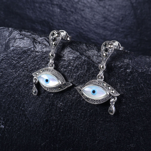 Vintage Sterling Silver 925 Art Deco Style Marquise Cut Mother of Pearl Marcasite Evil Eye Design Symbol With Tear Drop Dangle Earrings