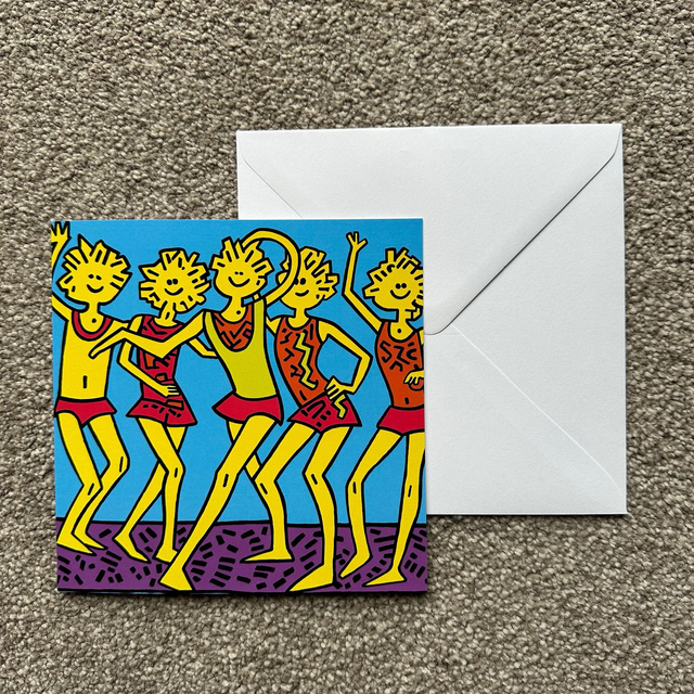 Dancers 5 - Single Square Keith Haring Inspired Greetings Card, White Envelope, Blank Inside, Recyclable Wrap, Professionally Printed.