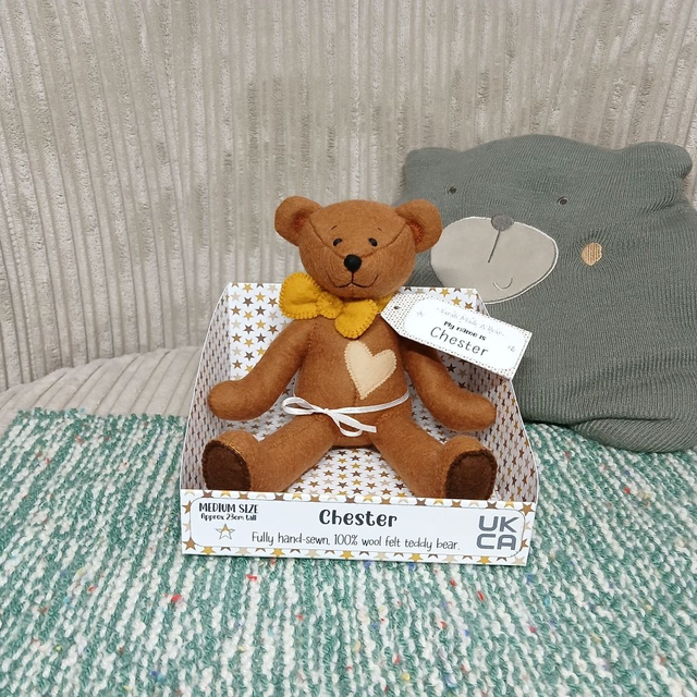Chester. Medium size. 100% wool felt, hand-sewn teddy bear. UKCA toy. Brown. Mustard. Caramel. Dark brown.