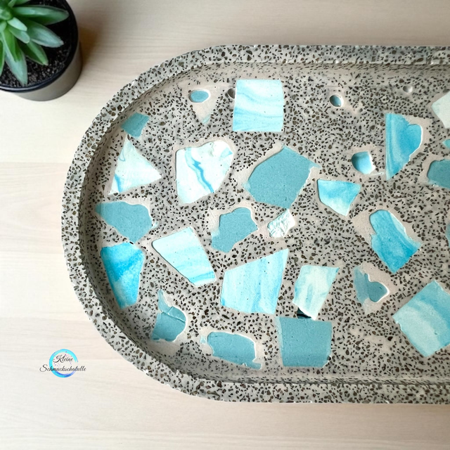 Tablett "Beach", sandfarben / blau mit Dekosand