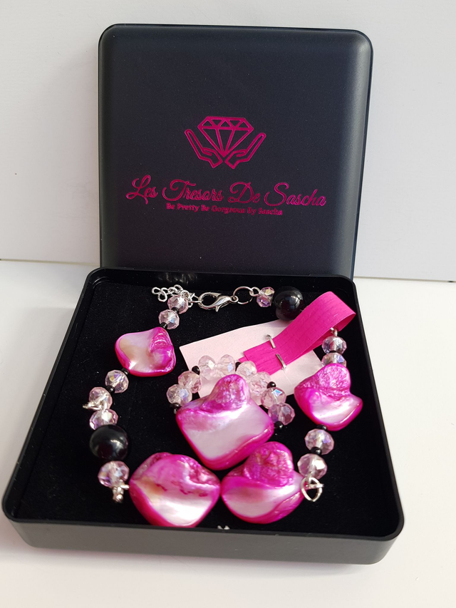 Parure Bracelet Et Bague Perles Coquillages Rose Fushia