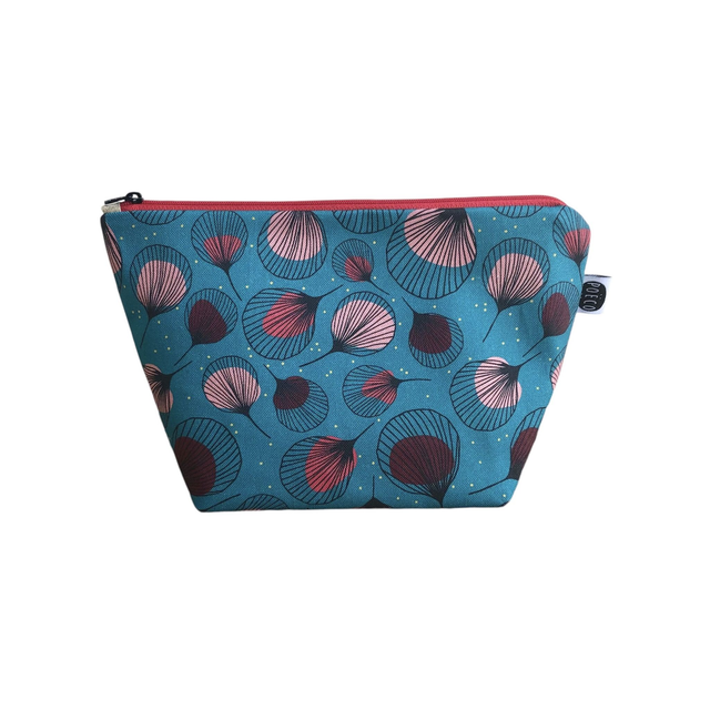 Trousse de toilette - tissu intérieur imperméable - PLUMES rouges fond turquoise