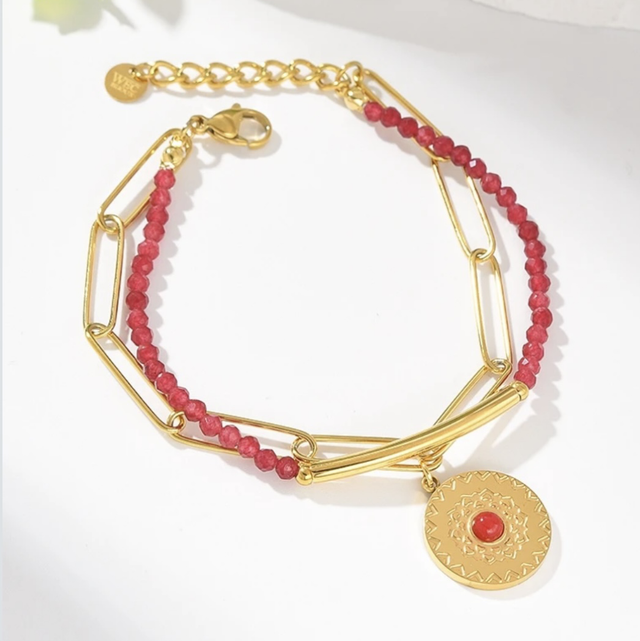 Bracelet double rang pierre framboise 