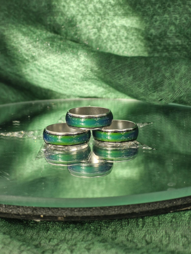 Mood rings with yellow jasper stand