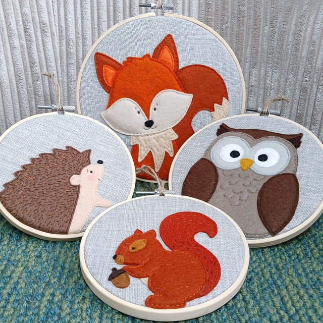 Wildlife Range, hoop art. Squirrel. Fox. Hedgehog. Owl. Wall art. 