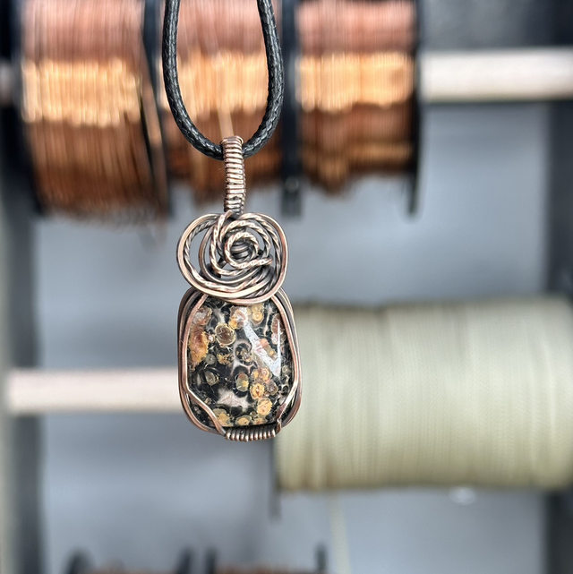 Leopard skin Jasper pure copper wire wrapped pendant 