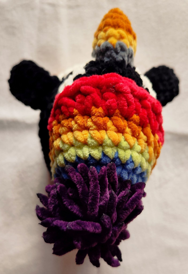 Pepper the puffin with Rainbow hat, extra large size (made from chenille yarn)