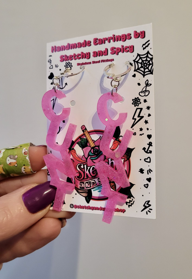 Earrings- Pink Glitter CUNT Swear Earrings | Stainless Steel Shepherd Hoops