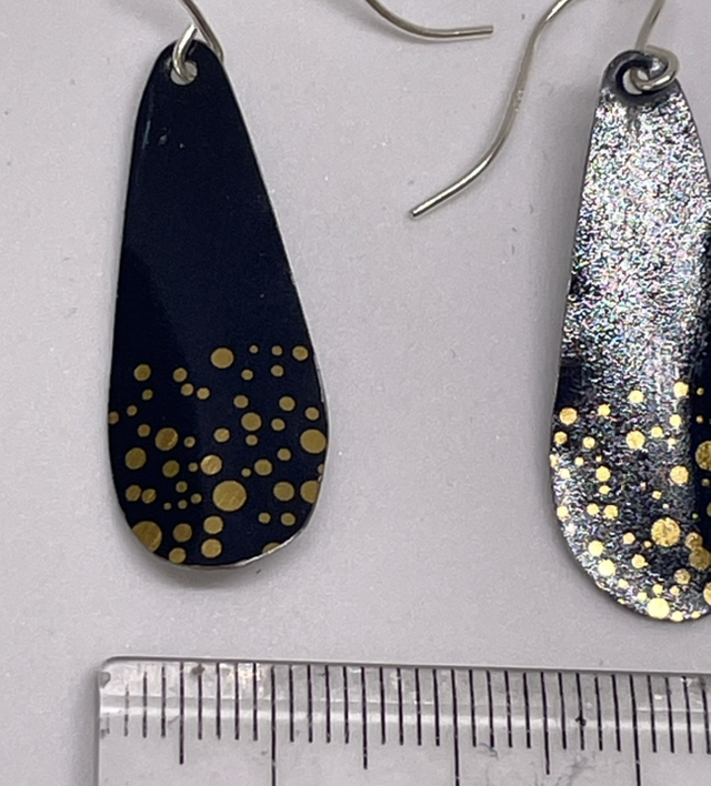 Navy and gold dot long drop tin earrings
