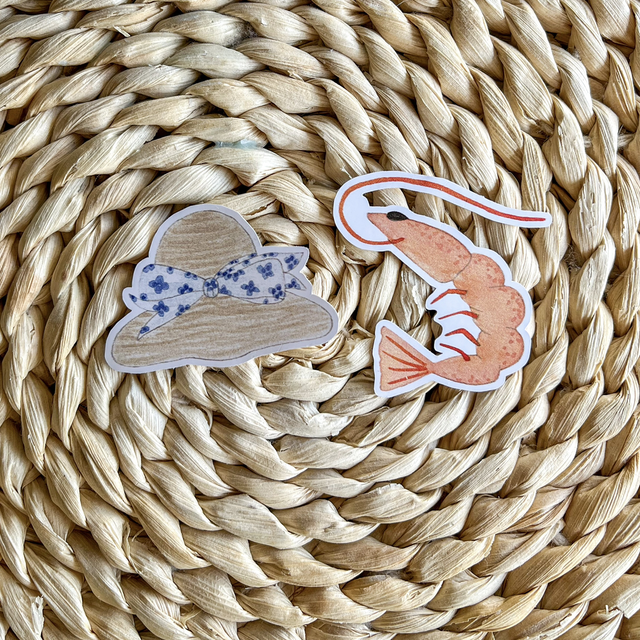 Lot de 2 stickers – Chapeau de paille & Crevette – Illustrations aquarelle