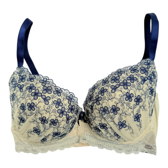 Navy blue + tan Embroidered Japanese Bra UK 32D 