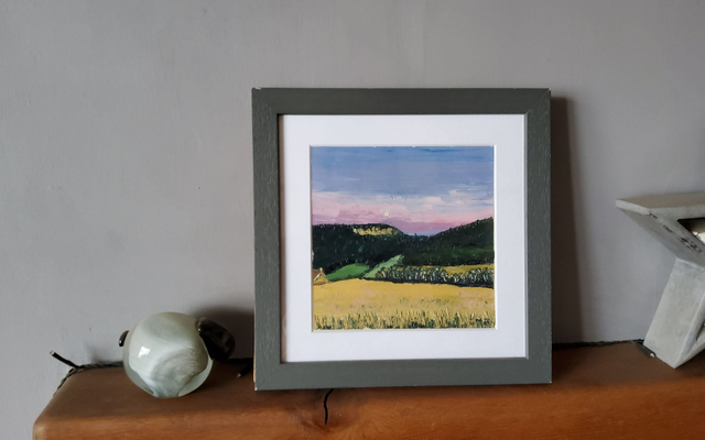 Sunset over Roulston Scar near Sutton Bank. Framed original oil painting. Framed size 8x8&quot;.