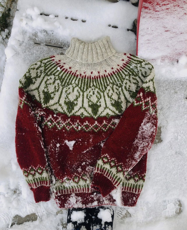 Nordkalott Sweater Kit - Col 05 (Red and Green Rauma Vams) - Wool & Pattern - Linka Neumann