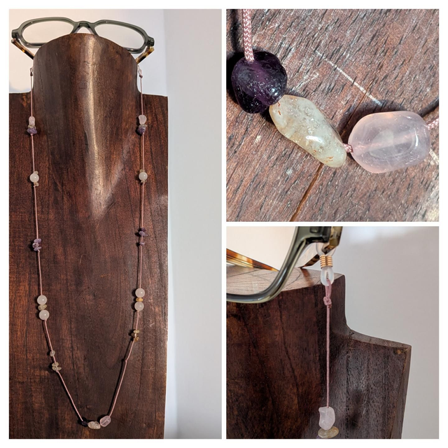 Attache lunettes en pierres naturelles : améthyste, agate rose et citrine, cordon rose, pièce unique 