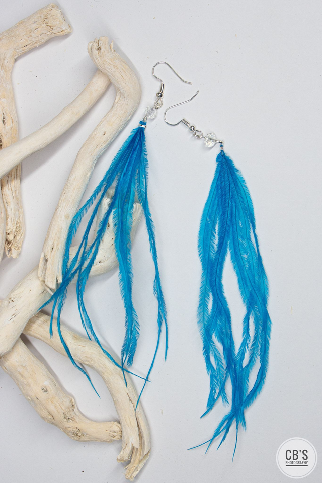 Boucles d'oreilles en plumes d'autruche bleu océan
