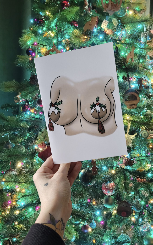 Christmas Pudding Nipple Tassels Cheeky Christmas Card - A5 Greetings Card