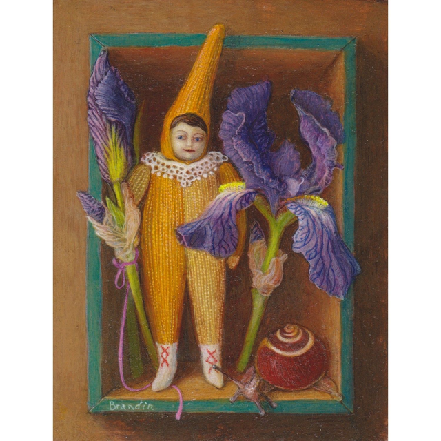 Miniature trompe l&#039;oeil painting with pixie and iris flowers (sold out)