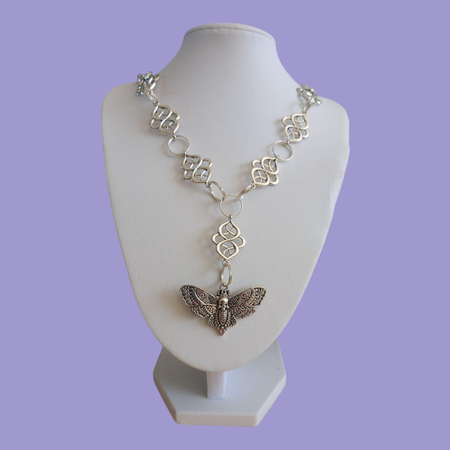 Gothic Necklace, Moth, Filigree Handmade, Silver, Chunky Chain 
