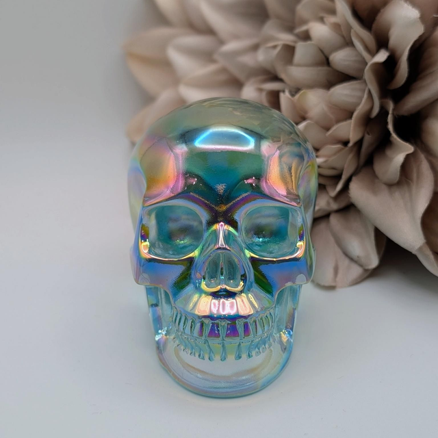 High Quality Hand Carved Crystal Skull - 3.5" Aura Coated Blue Obsidian 