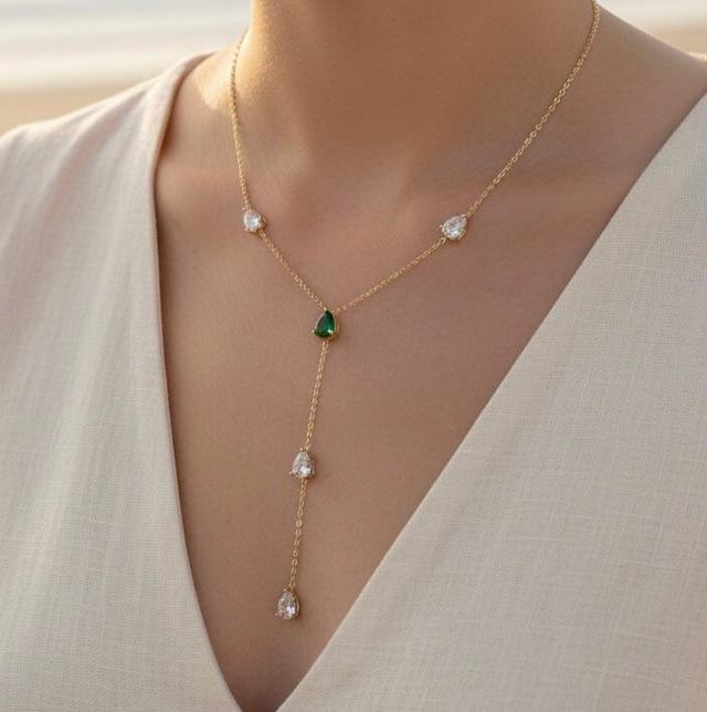 Collier Y goutte strass 