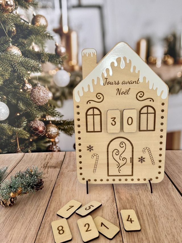 Calendrier “Jours avant Noël” en bois naturel – Compte à rebours de Noël artisanal – Décoration durable faite main 🎄