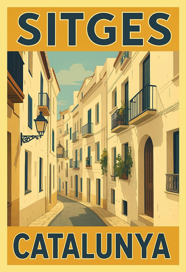 Póster vintage de Sitges, Catalunya. Impresión de ciudad costera mediterránea.
