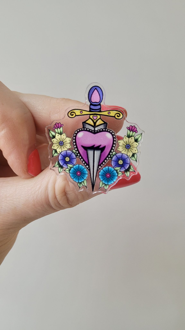 Floral Heart &amp; Dagger Acrylic Pin Badge – Original Art Pin