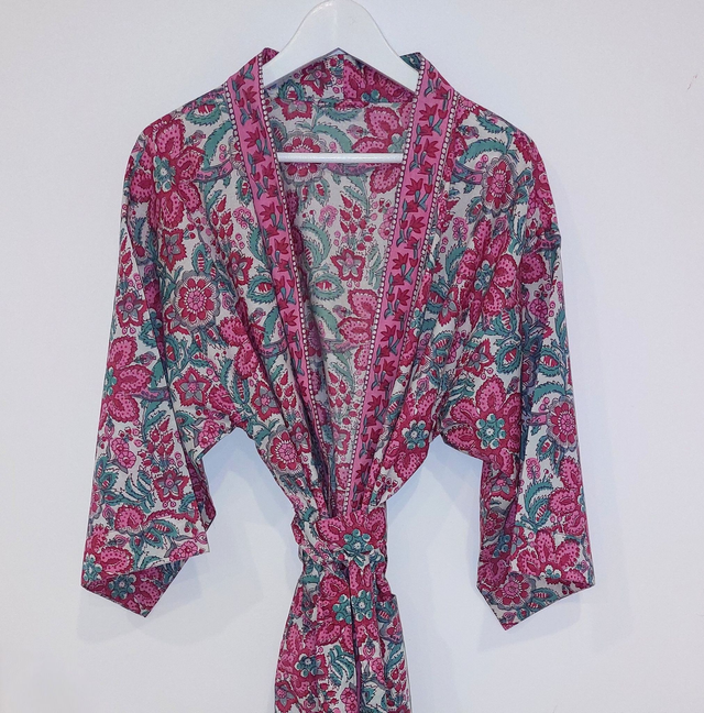 Robe kimono longue en coton, peignoir, robe de chambre, motif floral rose, vert, rouge, blanc, L.120cm ou 140cm