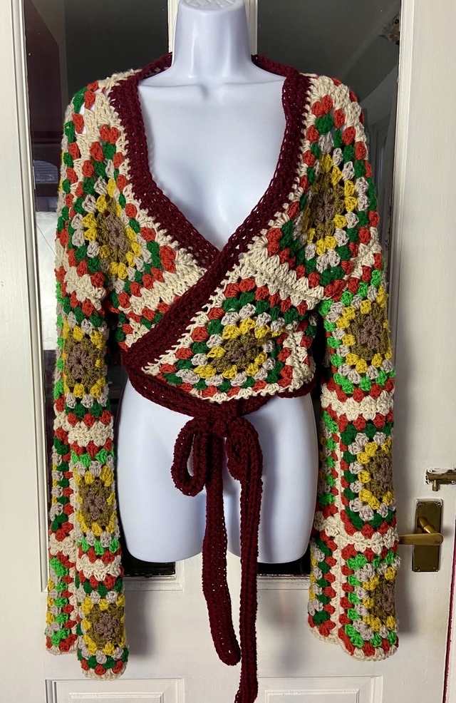 Crochet wrap cardigan.