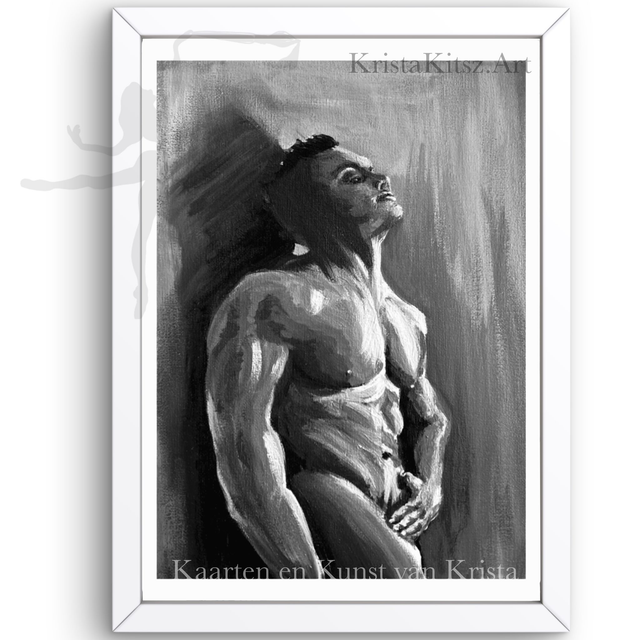 Man discreet naakt staand tegen muur, prachtige print grijstinten | schilderij krista kitsz 