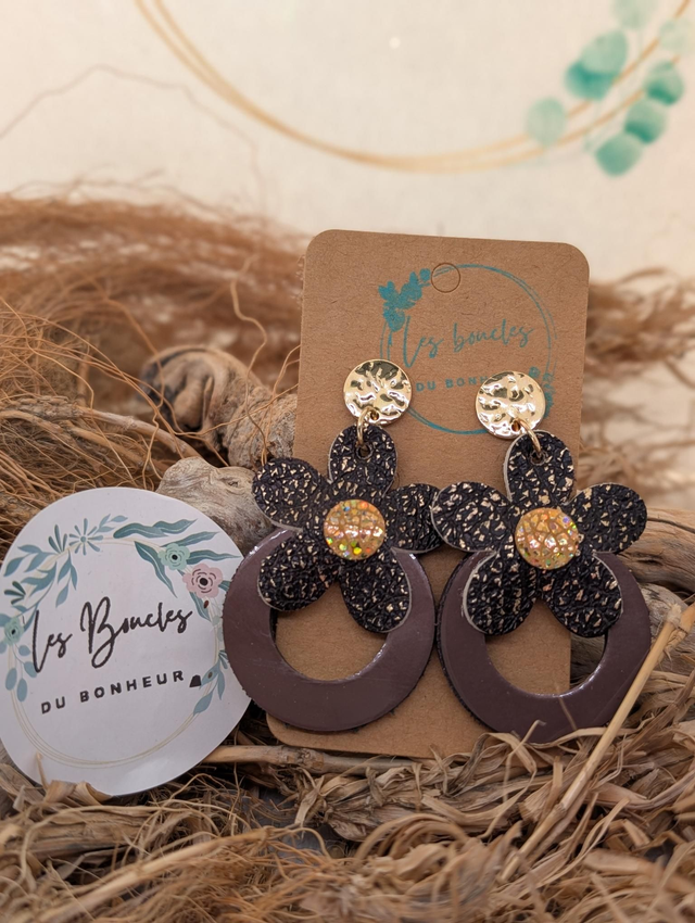 Boucles d'oreilles Baby Marguerite chocolat doré noir mo112