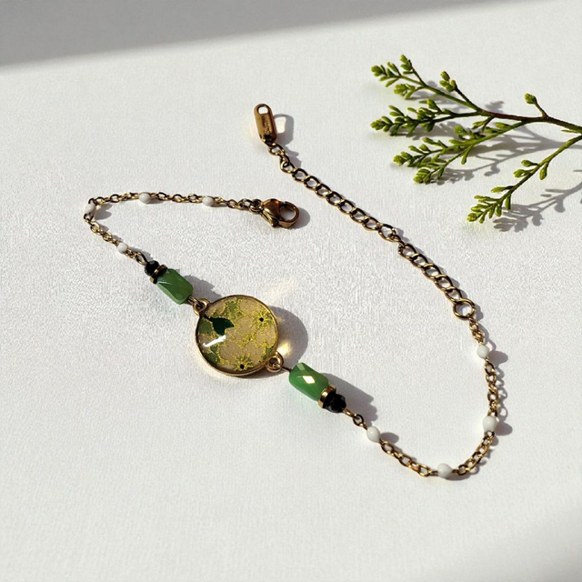 bracelet acier inoxydable motifs japonais vert et doré