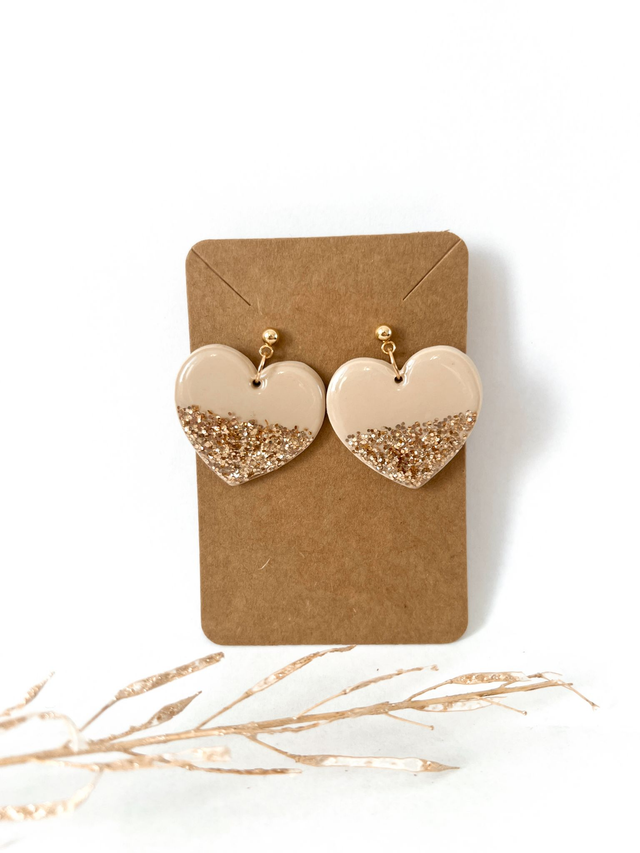 Boucles d'oreilles Coeur pailleté beige