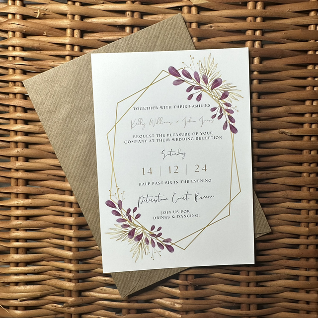 Pack of A6 evening invitations - plum and gold colour