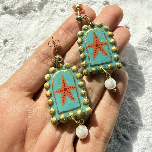 Orange Starfish Teal Glitter Arch Shaped Pearl Earrings