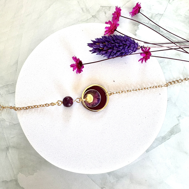 Bracelet INDISPENSABLE Doré à l’Or Cuir violet et imprimé floral