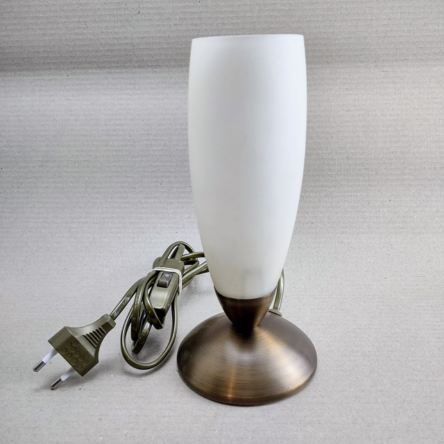 EDI | &#039;Tulp&#039; Sfeerlamp Nachtlamp Handgemaakt Wit melkglas Bronskleurige voet E14 fitting Brons Netsnoer en lichtnetschakelaar | Vintage
