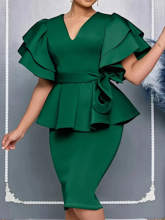 Women's Elegant Green V-Neck Bodycon Dress