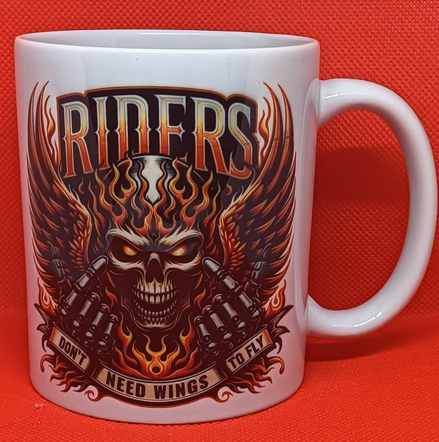 Custom Printed Biker Riders Don't Need Wings Mug.