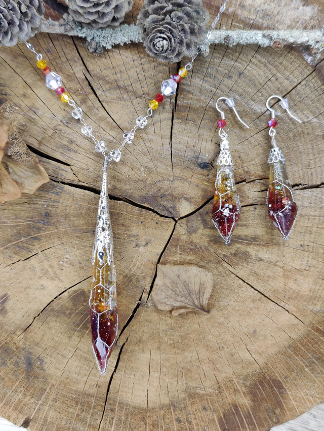 Parure collier &amp; boucle d&#039;oreilles Antre Lumières feu